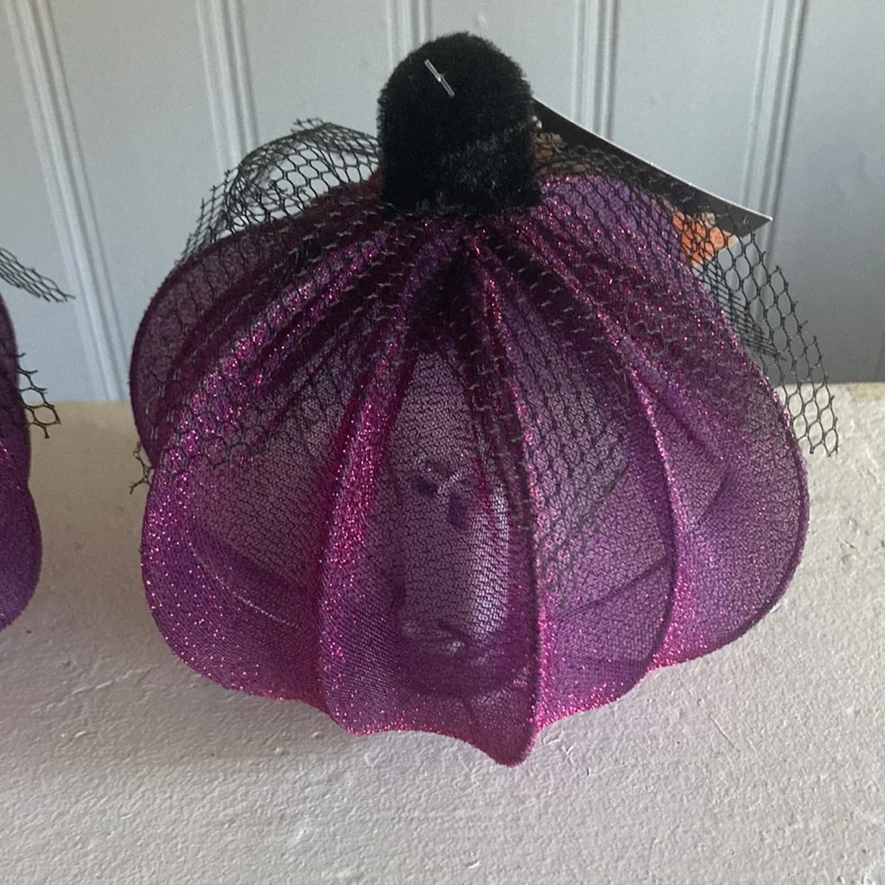 NWT- 2- Elegant Purple Lace Covered Light Up LED Halloween Pumpkin Decorations